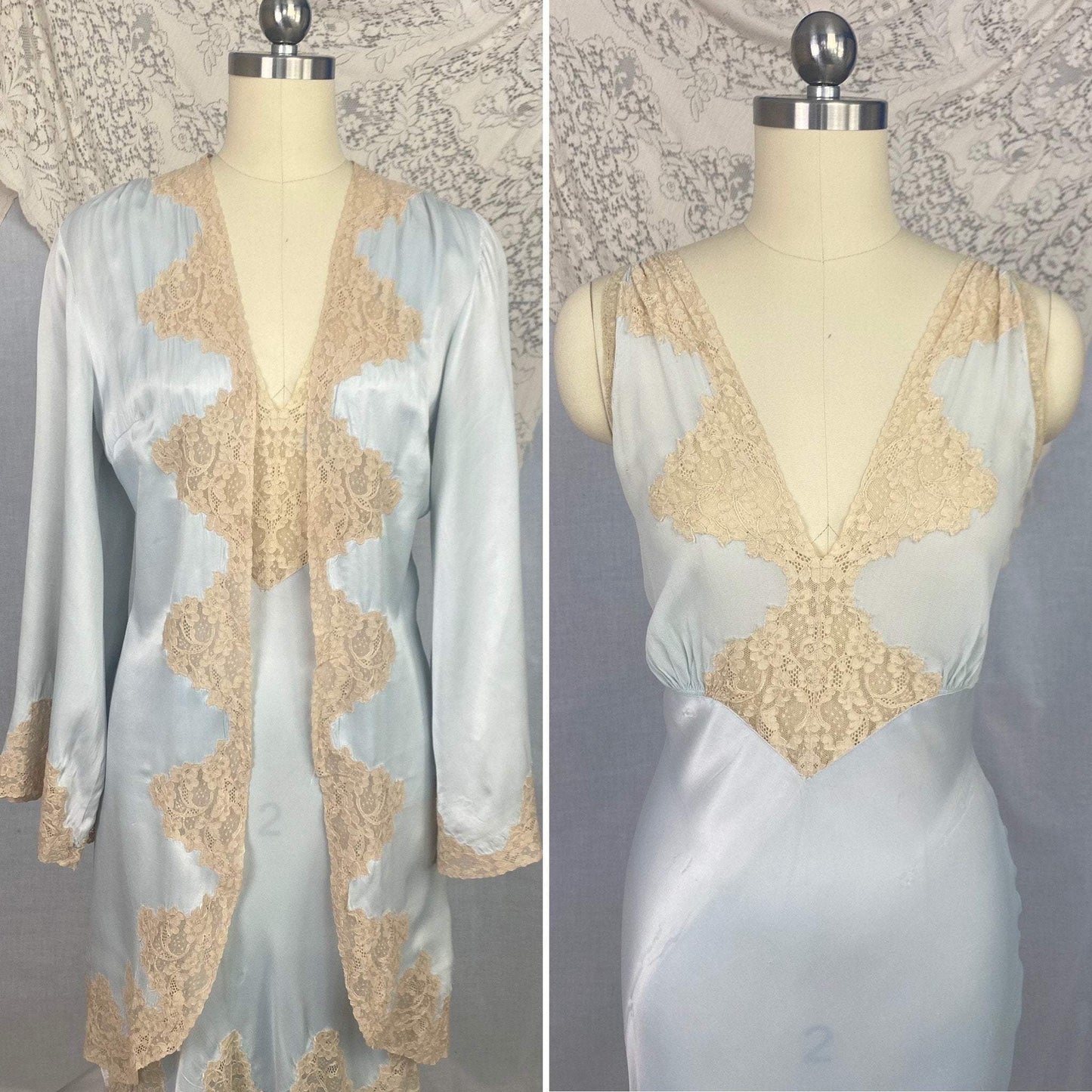 Vintage 1940's Peignoir Set | Icy Blue Rayon Satin with Nude Lace Inserts | Size 32-34 Bust, XS, S | Lady Duff - Daggers & Dames