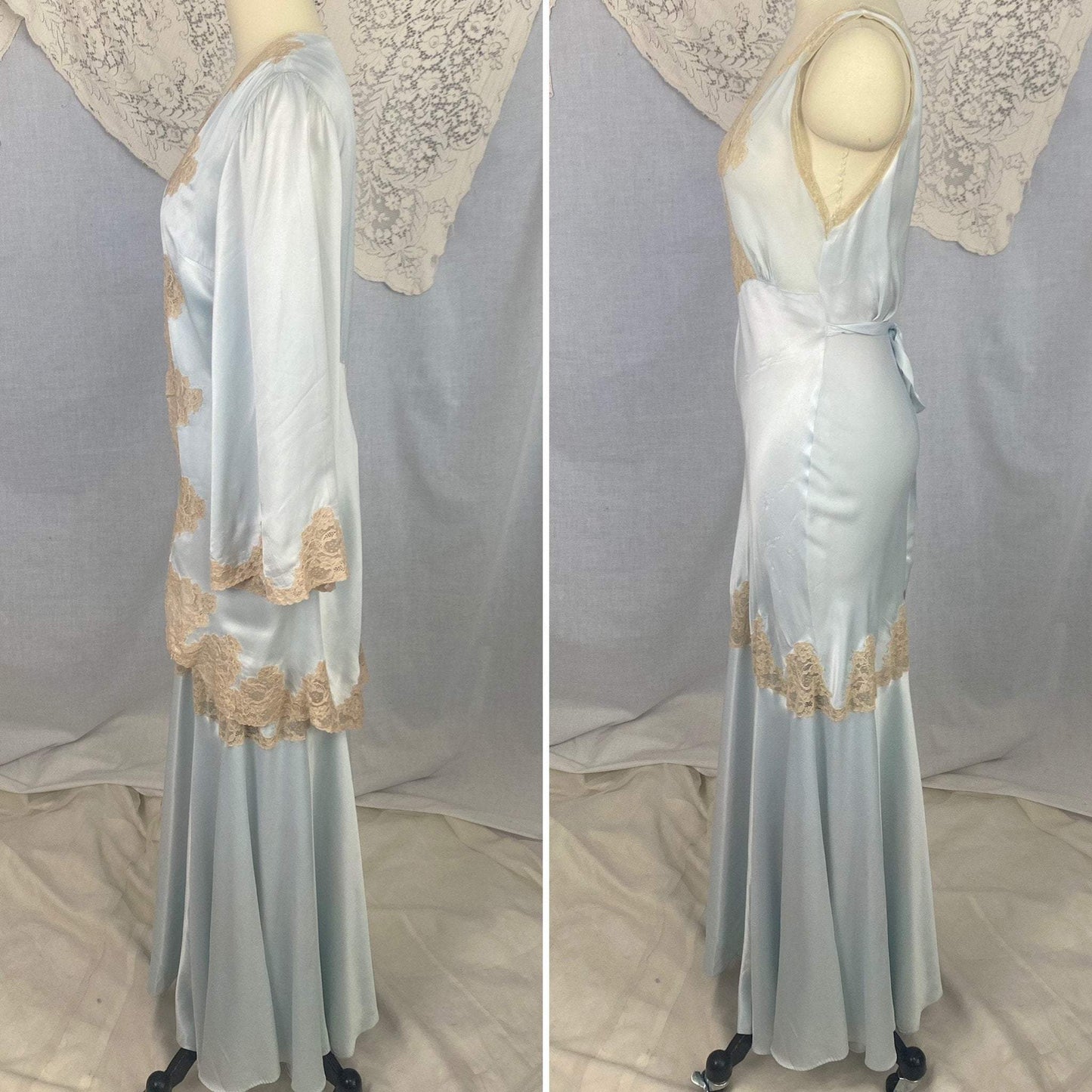 Vintage 1940's Peignoir Set | Icy Blue Rayon Satin with Nude Lace Inserts | Size 32-34 Bust, XS, S | Lady Duff - Daggers & Dames