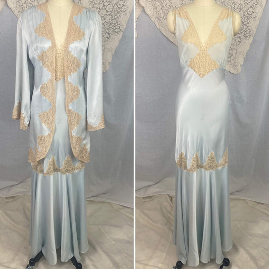 Vintage 1940's Peignoir Set | Icy Blue Rayon Satin with Nude Lace Inserts | Size 32-34 Bust, XS, S | Lady Duff - Daggers & Dames