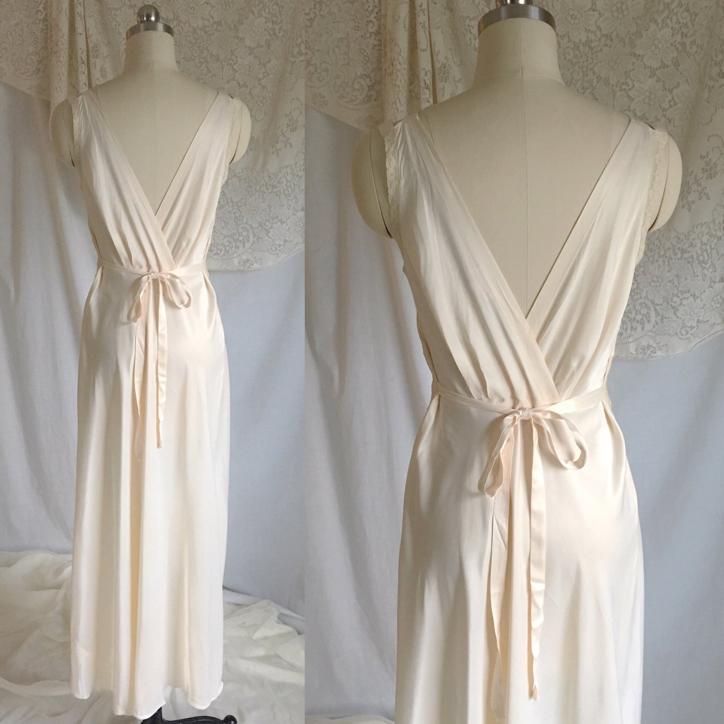 Vintage 1940's Peignoir Set | Ivory Rayon Satin & Chiffon with Lace | Lady Duff | Size S - Daggers & Dames