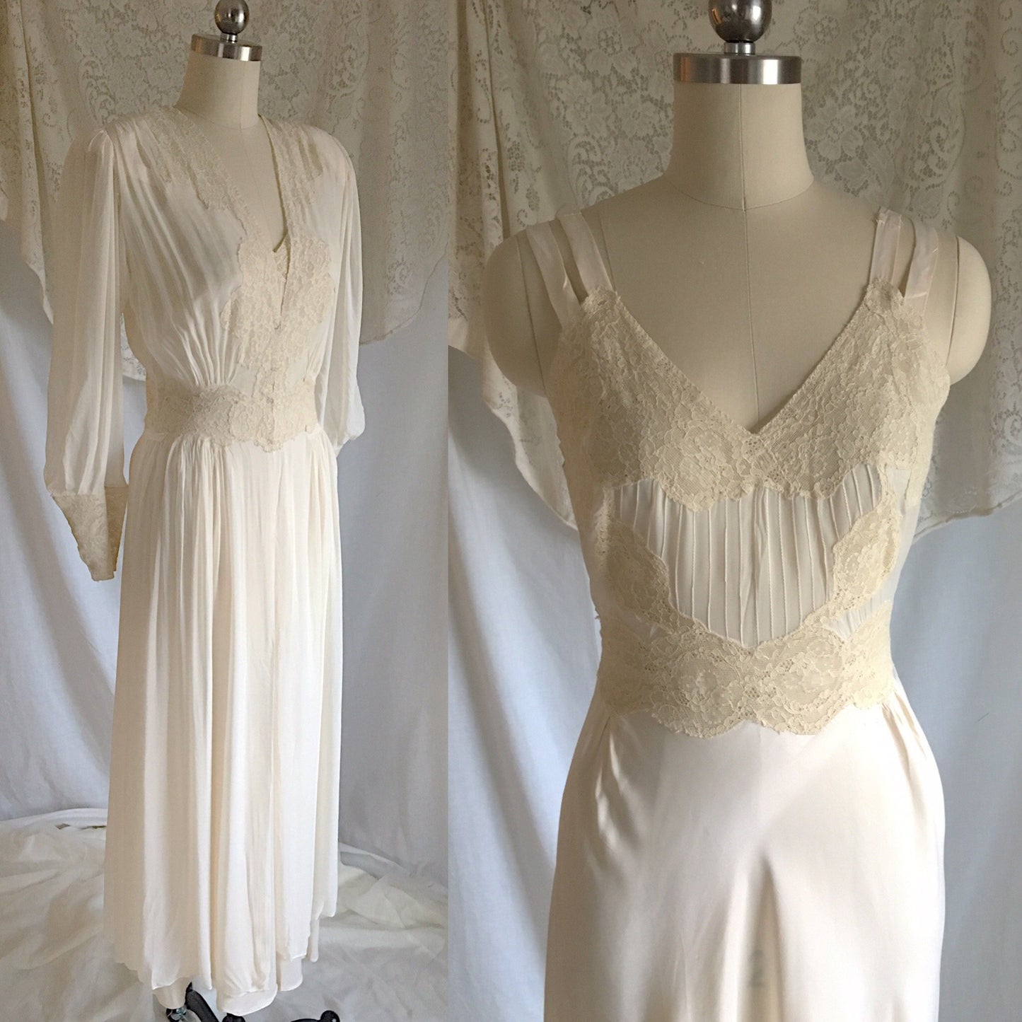Vintage 1940's Peignoir Set | Ivory Rayon Satin & Chiffon with Lace | Lady Duff | Size S - Daggers & Dames