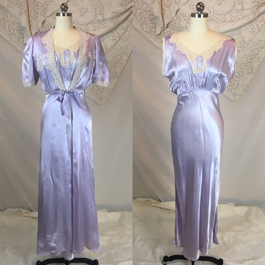 Vintage 1940's Peignoir Set | Lavender Rayon Satin with Ivory Lace | Size M, LG - Daggers & Dames