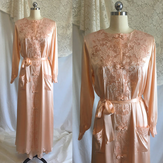 Vintage 1940's Peignoir Set | Peach Chinese Silk with Hand Embroidery & Frog Button Closure | Bridal Lingerie | Size 36, M, LG - Daggers & Dames