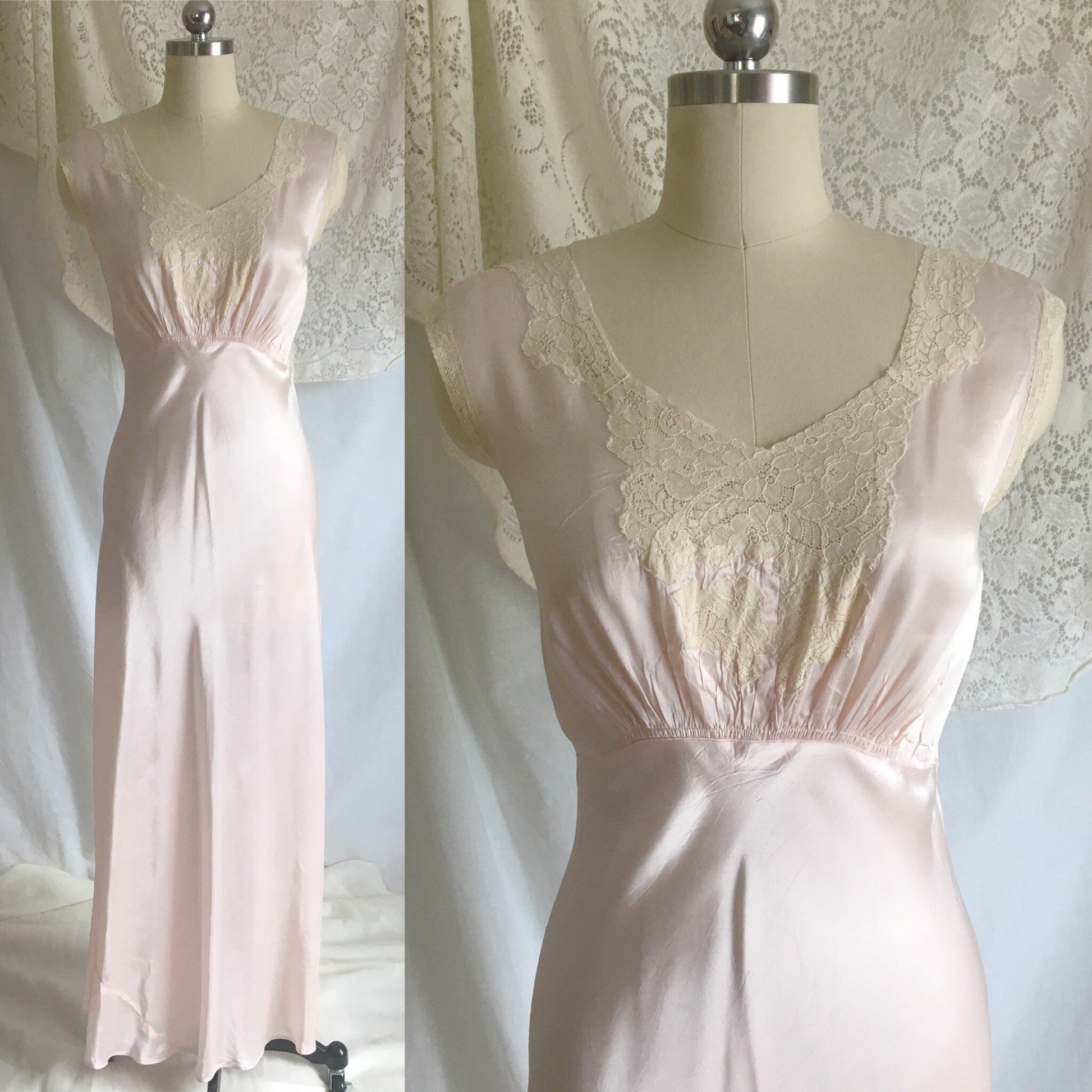 Vintage 1940's Peignoir Set | Pink Rayon Satin & Ecru Lace | Bias Cut Nightgown | Bridal Lingerie Set | Princess Sleeve Robe | Size M, LG - Daggers & Dames
