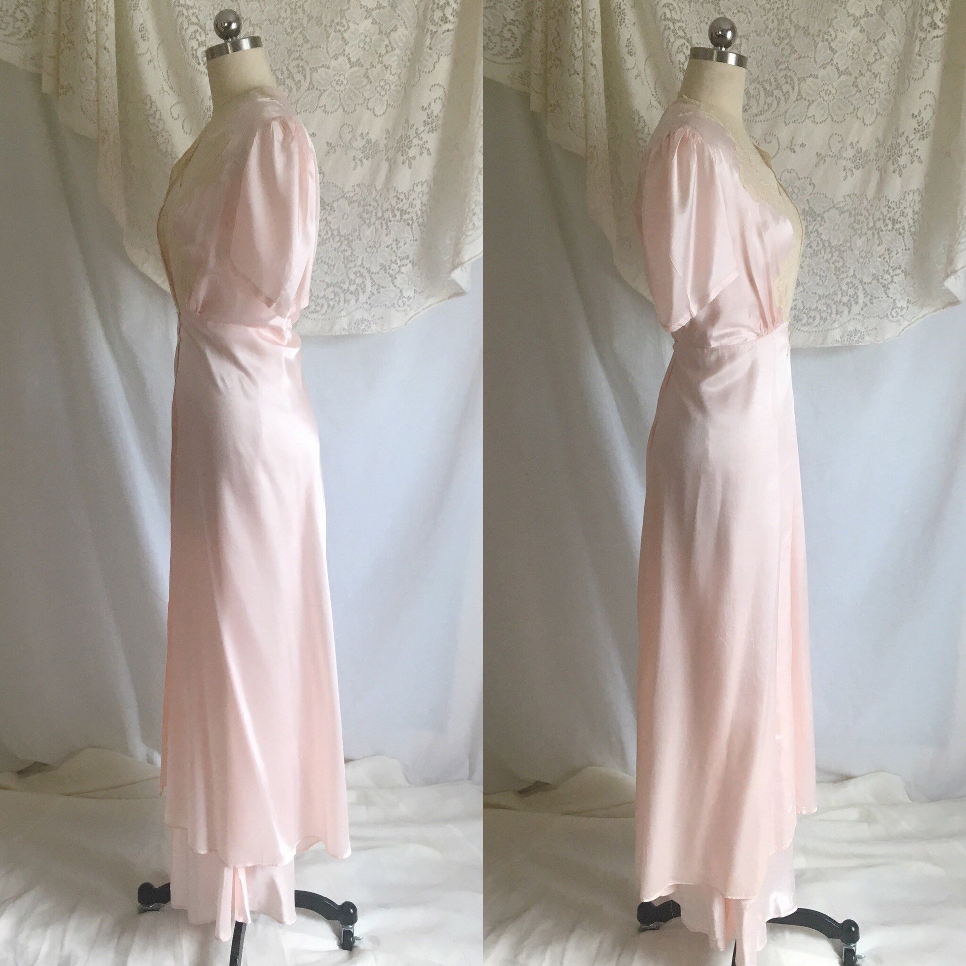 Vintage 1940's Peignoir Set | Pink Rayon Satin & Ecru Lace | Bias Cut Nightgown | Bridal Lingerie Set | Princess Sleeve Robe | Size M, LG - Daggers & Dames