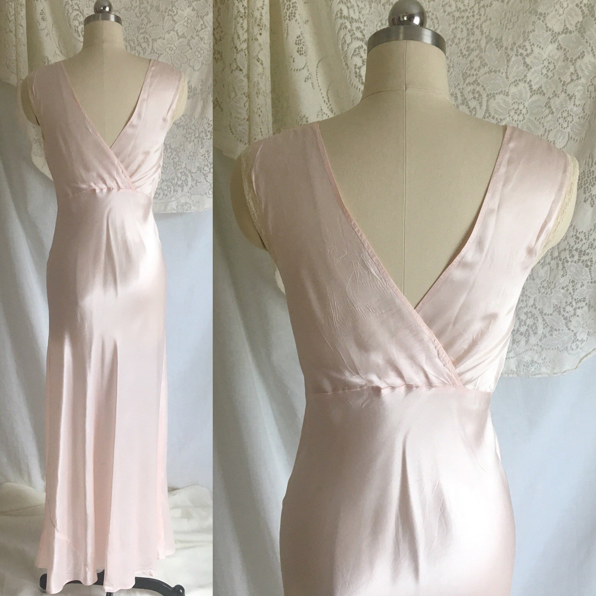Vintage 1940's Peignoir Set | Pink Rayon Satin & Ecru Lace | Bias Cut Nightgown | Bridal Lingerie Set | Princess Sleeve Robe | Size M, LG - Daggers & Dames