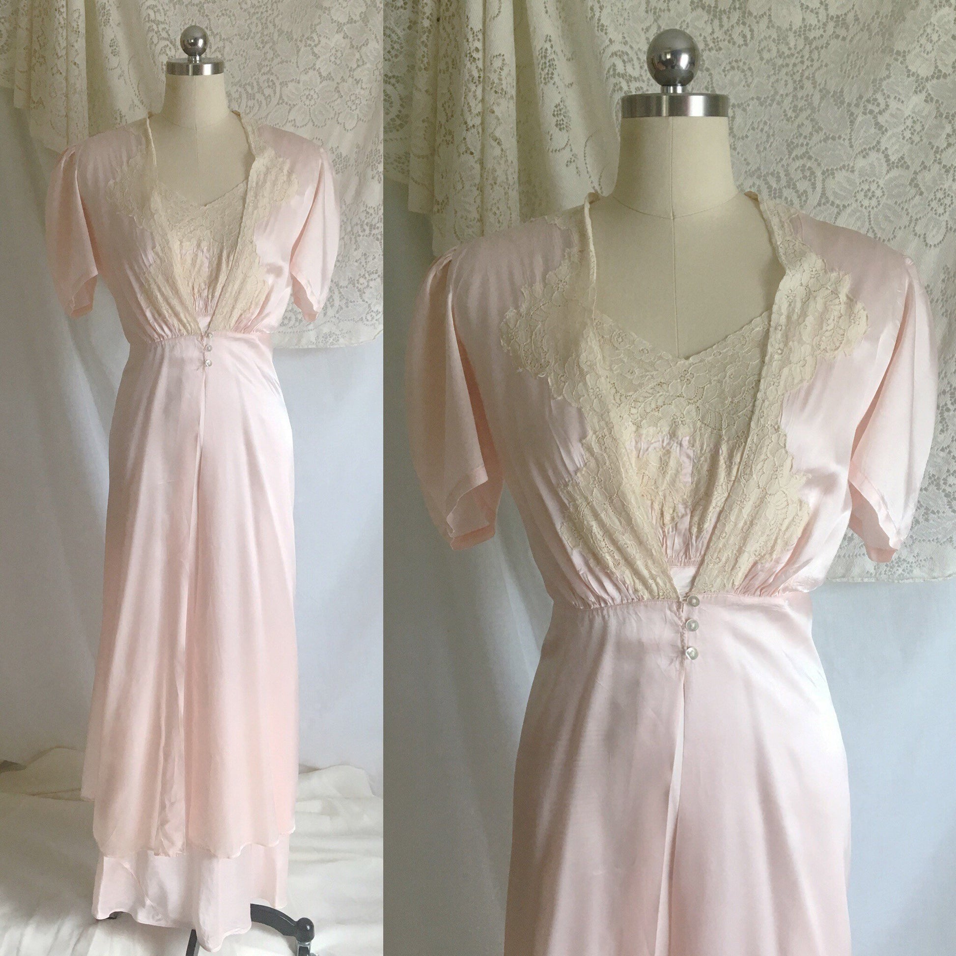 Vintage 1940's Peignoir Set | Pink Rayon Satin & Ecru Lace | Bias Cut Nightgown | Bridal Lingerie Set | Princess Sleeve Robe | Size M, LG - Daggers & Dames