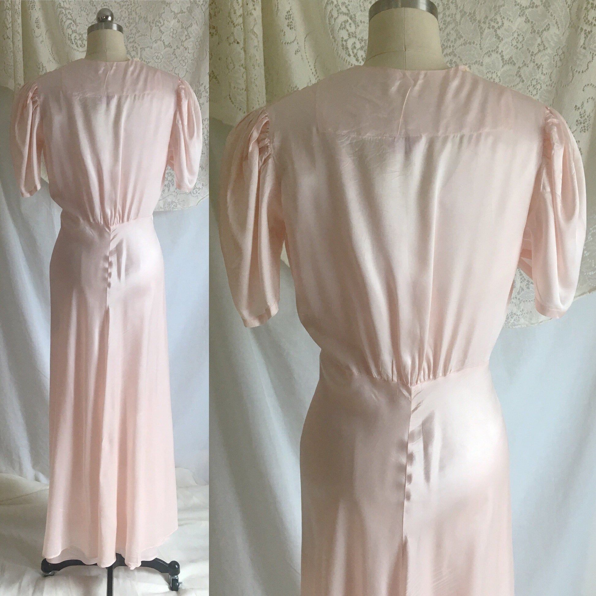 Vintage 1940's Peignoir Set | Pink Rayon Satin & Ecru Lace | Bias Cut Nightgown | Bridal Lingerie Set | Princess Sleeve Robe | Size M, LG - Daggers & Dames