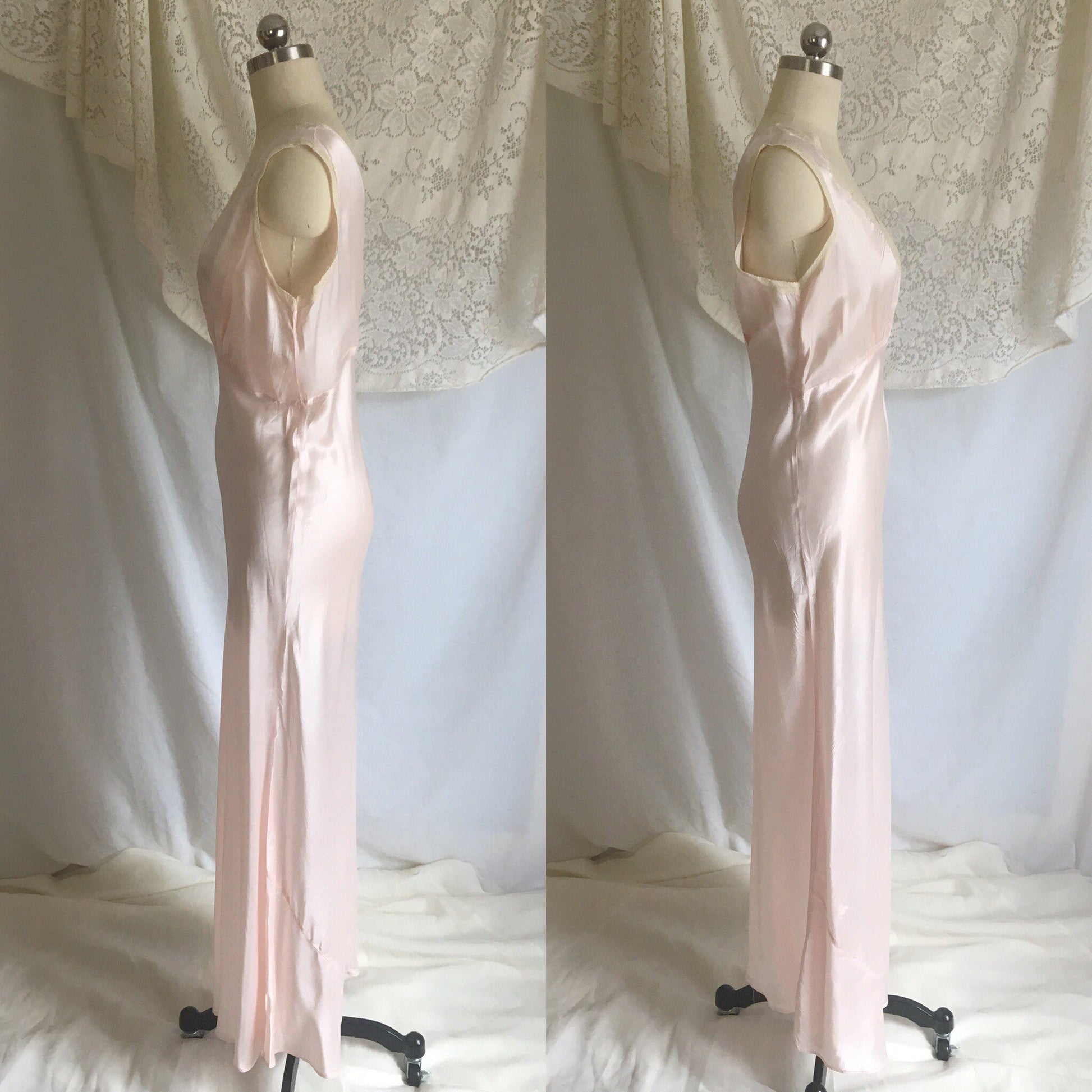 Vintage 1940's Peignoir Set | Pink Rayon Satin & Ecru Lace | Bias Cut Nightgown | Bridal Lingerie Set | Princess Sleeve Robe | Size M, LG - Daggers & Dames