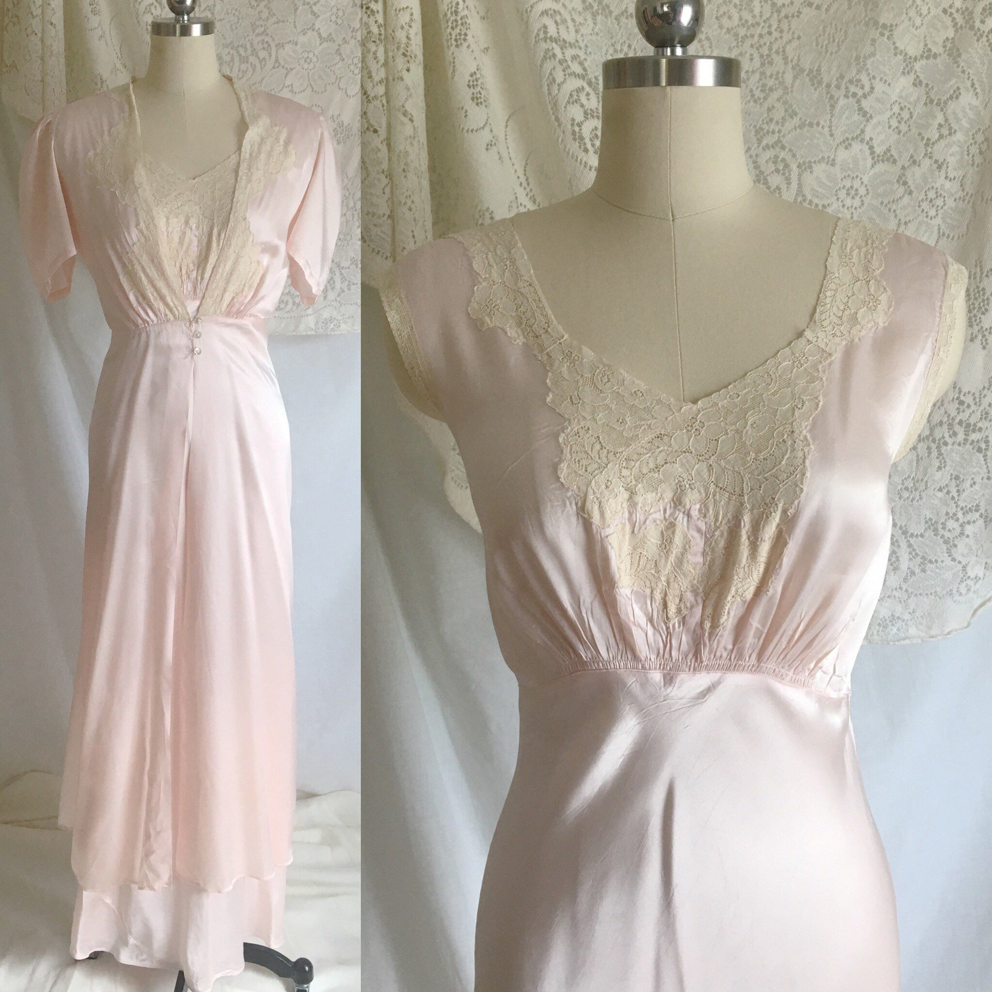 Vintage 1940's Peignoir Set | Pink Rayon Satin & Ecru Lace | Bias Cut Nightgown | Bridal Lingerie Set | Princess Sleeve Robe | Size M, LG - Daggers & Dames