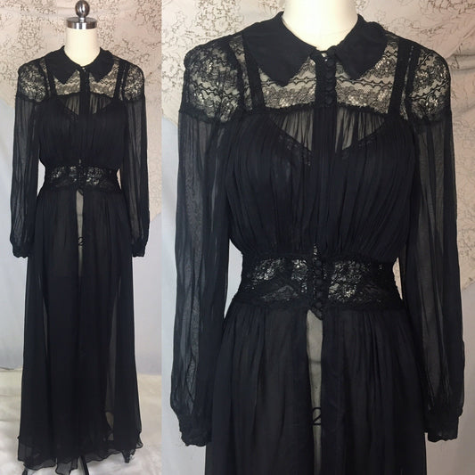 Vintage 1940's Peignoir Set | Sheer Black Rayon Chiffon with Chantilly Lace Nightgown & Robe | Size XS - Daggers & Dames
