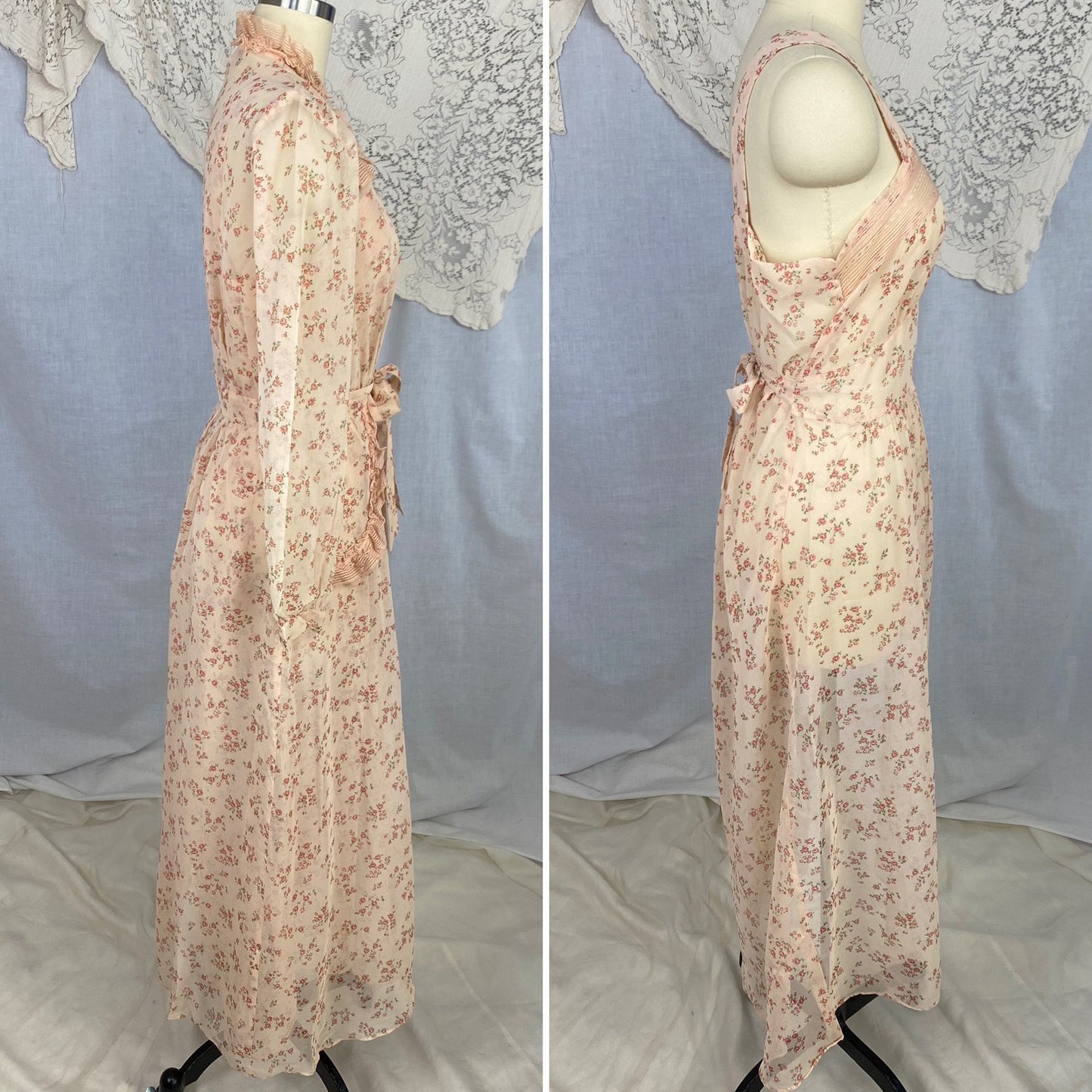 Vintage 1940's Peignoir Set | Sheer Peach Rayon Chiffon with Red Floral Print | Size 34-36 Bust, S, M | Flobert -Never Worn - Daggers & Dames