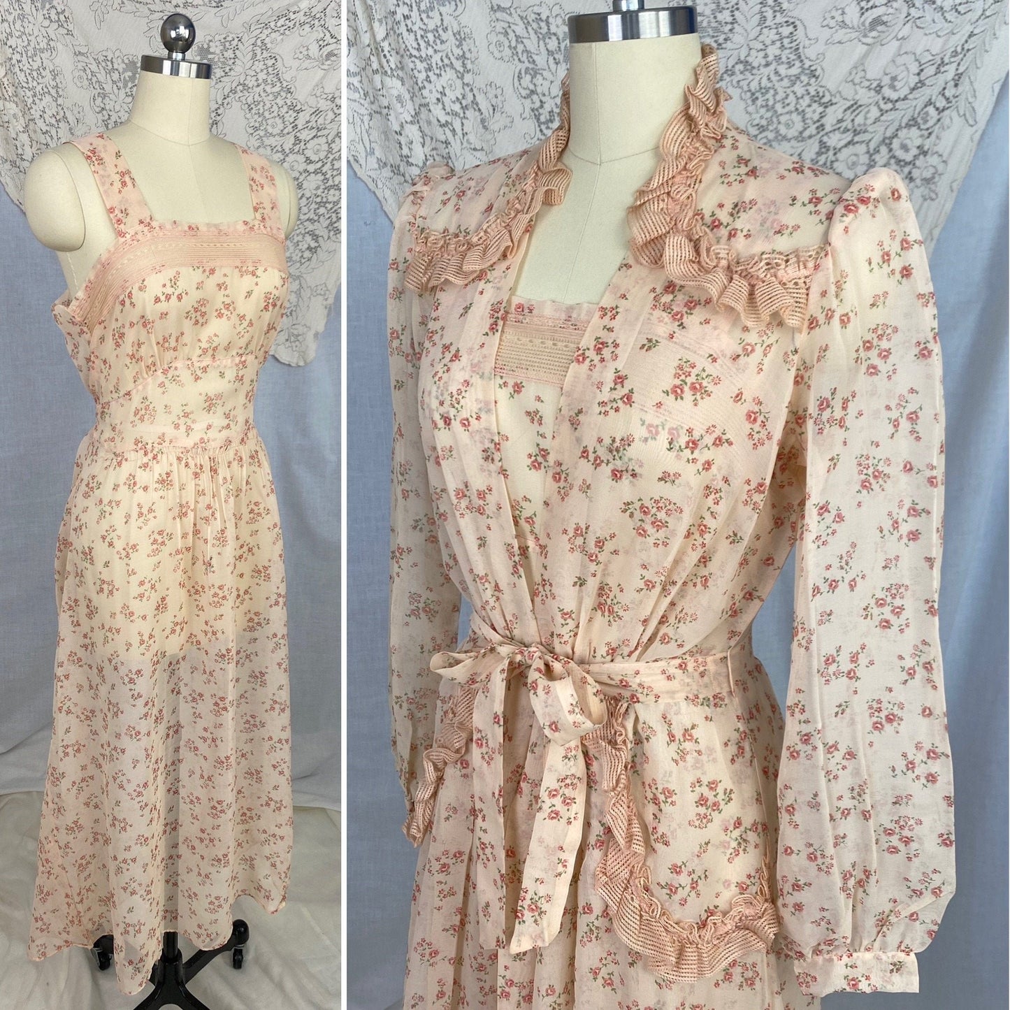 Vintage 1940's Peignoir Set | Sheer Peach Rayon Chiffon with Red Floral Print | Size 34-36 Bust, S, M | Flobert -Never Worn - Daggers & Dames