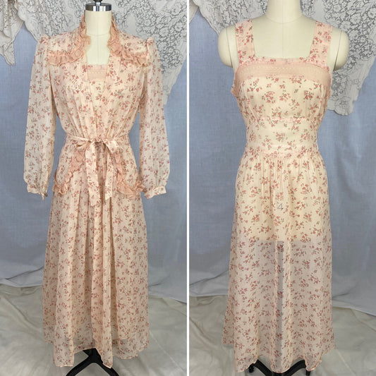 Vintage 1940's Peignoir Set | Sheer Peach Rayon Chiffon with Red Floral Print | Size 34-36 Bust, S, M | Flobert -Never Worn - Daggers & Dames