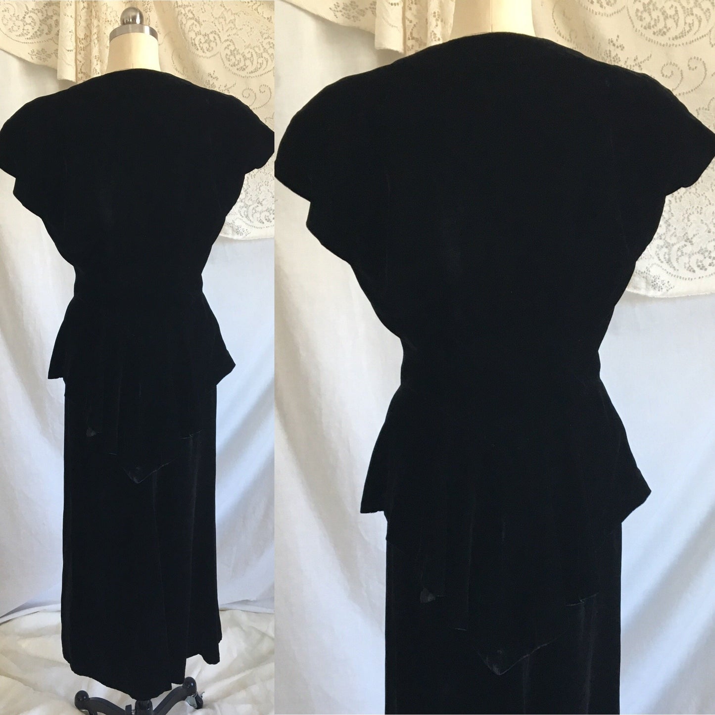 Vintage 1940's Peplum Skirt Suit | Black Rayon Velvet | Bias Cut Top with High Waist Skirt | 2 Piece Dress | Size XS - S - Daggers & Dames