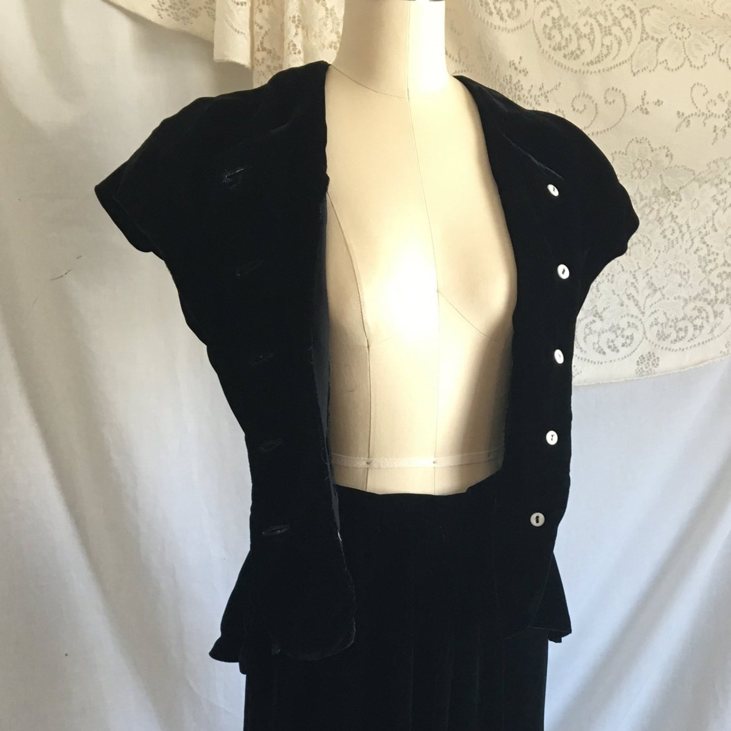 Vintage 1940's Peplum Skirt Suit | Black Rayon Velvet | Bias Cut Top with High Waist Skirt | 2 Piece Dress | Size XS - S - Daggers & Dames