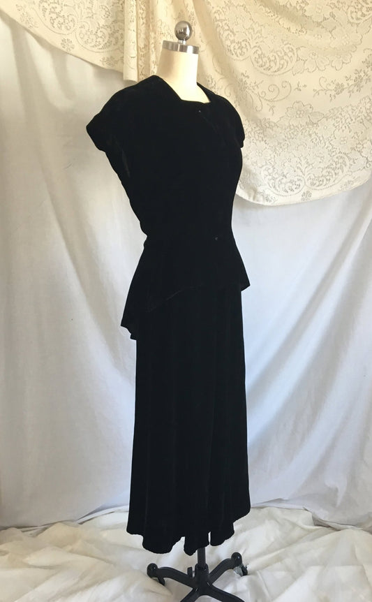 Vintage 1940's Peplum Skirt Suit | Black Rayon Velvet | Bias Cut Top with High Waist Skirt | 2 Piece Dress | Size XS - S - Daggers & Dames