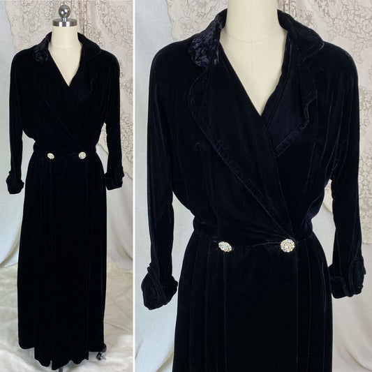 Vintage 1940's Robe | Black Velvet with Rhinestone Buttons | Size S | Styled by Dorian, New with Tags - Daggers & Dames