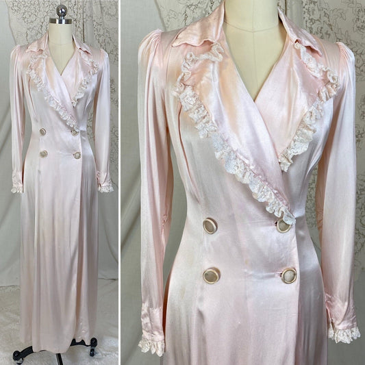 Vintage 1940's Robe | Pale Powder Pink Rayon Satin Charmeuse with White Ruffled Lace | Size XS | Dorian for G. Fox & Co. - Daggers & Dames