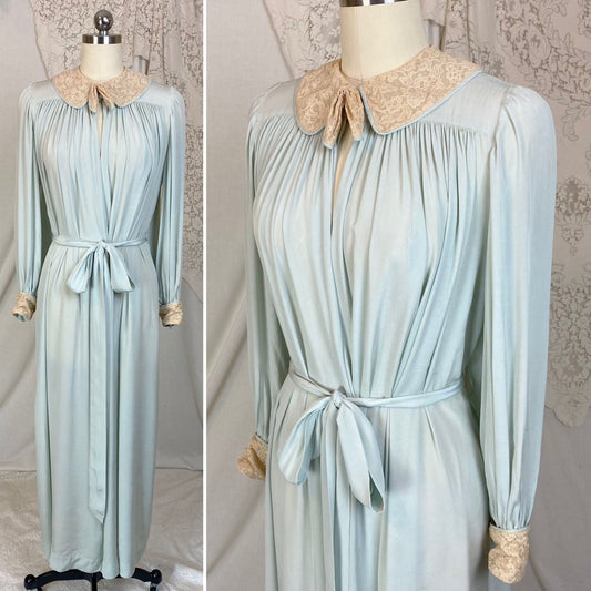Vintage 1940's Robe | Pale Sky Blue Silk Chiffon with Nude Lace | Size S, M - Daggers & Dames