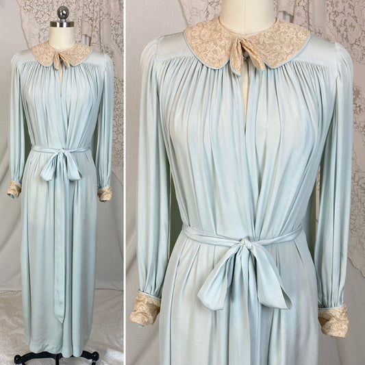 Vintage 1940's Robe | Pale Sky Blue Silk Chiffon with Nude Lace | Size S, M - Daggers & Dames