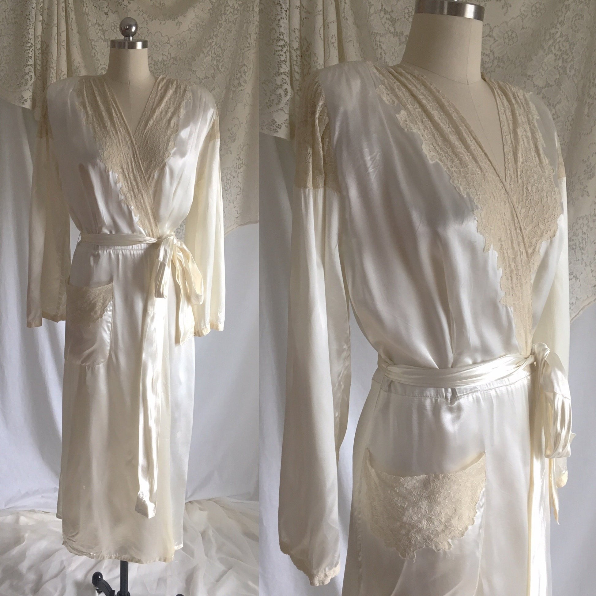 Vintage 1940's Robe | Pearly White Rayon Satin with Alençon Lace & Bell Sleeves | Size S, M - Daggers & Dames