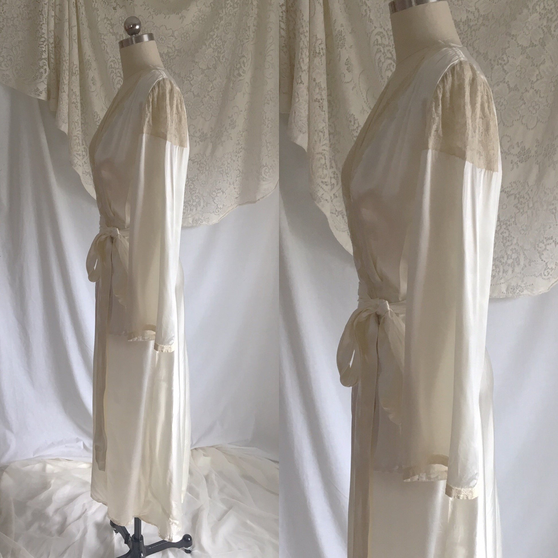Vintage 1940's Robe | Pearly White Rayon Satin with Alençon Lace & Bell Sleeves | Size S, M - Daggers & Dames