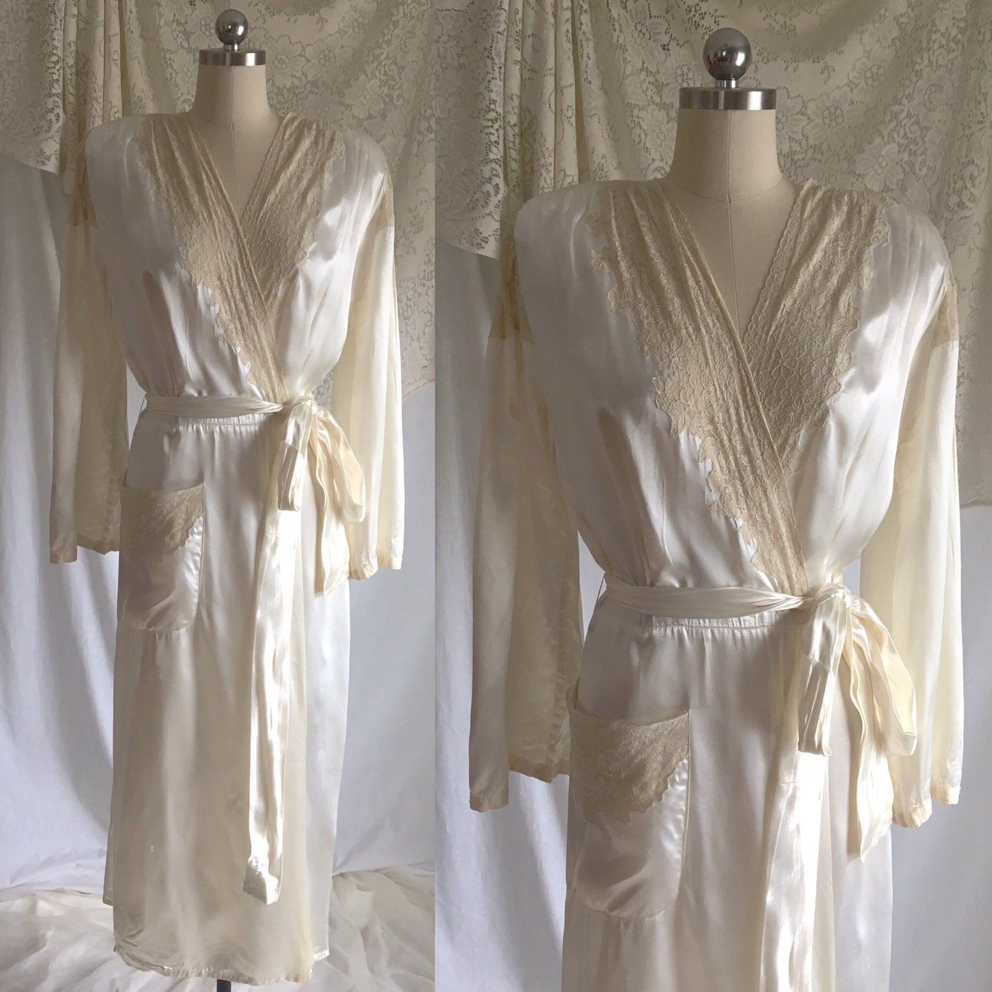 Vintage 1940's Robe | Pearly White Rayon Satin with Alençon Lace & Bell Sleeves | Size S, M - Daggers & Dames