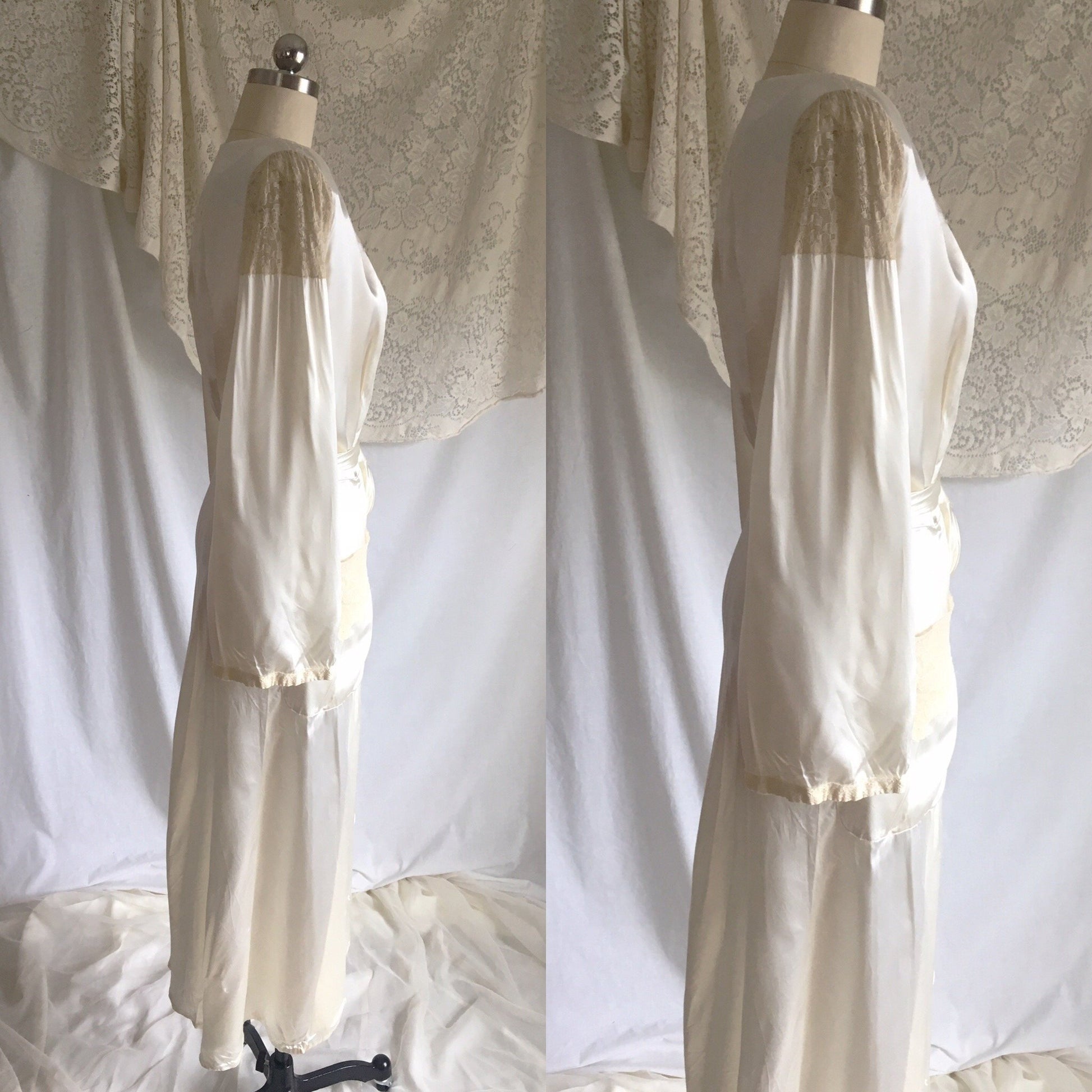 Vintage 1940's Robe | Pearly White Rayon Satin with Alençon Lace & Bell Sleeves | Size S, M - Daggers & Dames