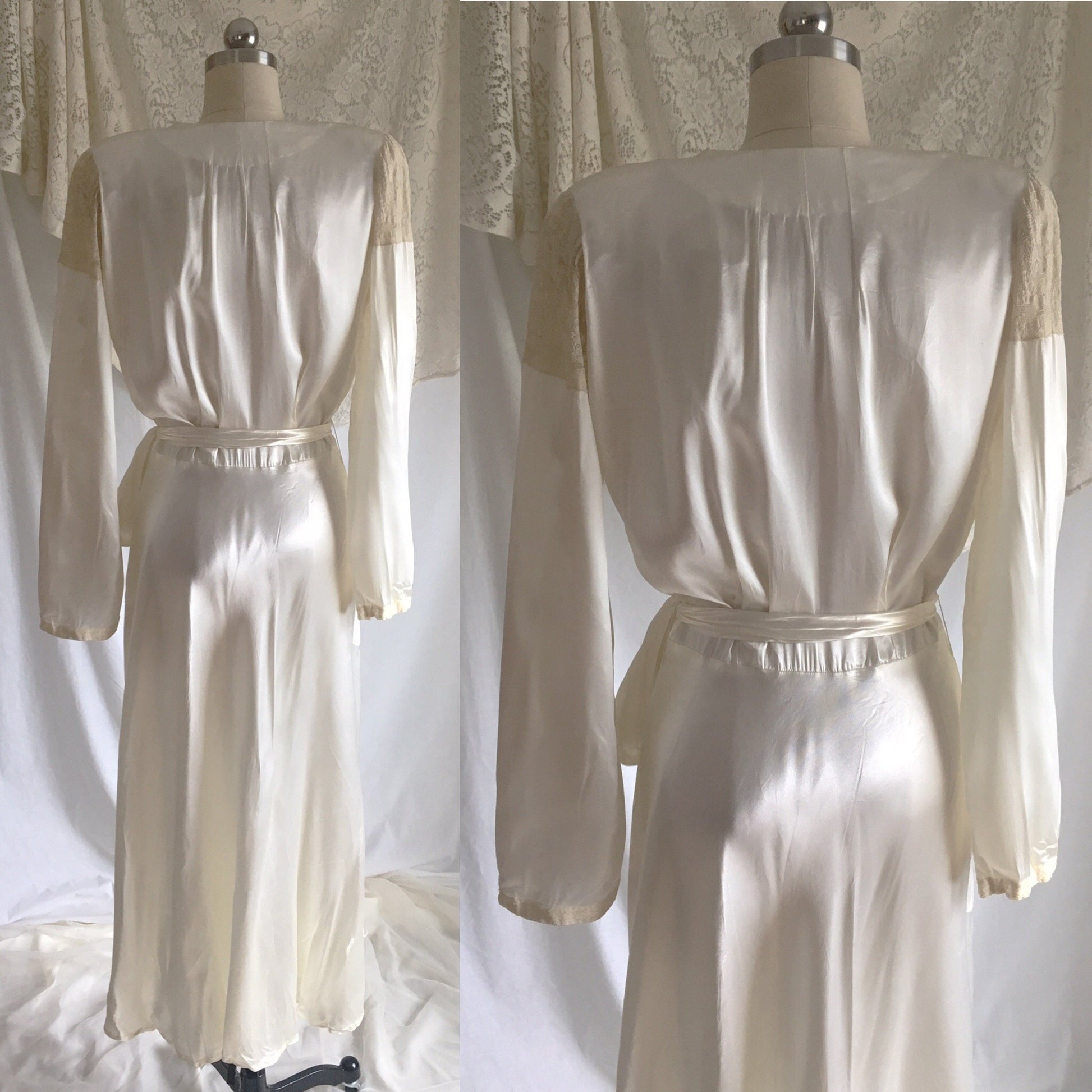 Vintage 1940's Robe | Pearly White Rayon Satin with Alençon Lace & Bell Sleeves | Size S, M - Daggers & Dames