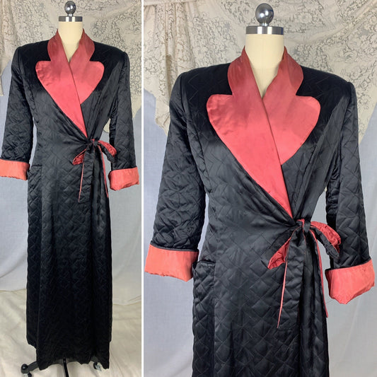 Vintage 1940's Robe | Quilted Black Rayon Satin with Dark Orange Taffeta Lining | Size M | Taylor Mode - Daggers & Dames