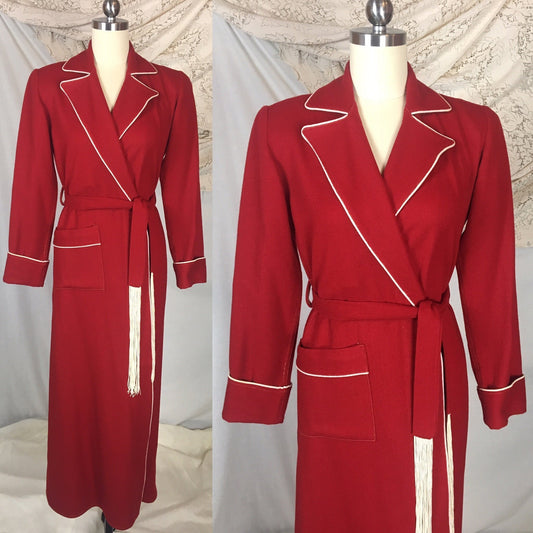 Vintage 1940's Robe | Red Wool with Cream Piping & Tassel Sash Tie | Barbara Lee Jr. | Size XS, SM, MED - Daggers & Dames