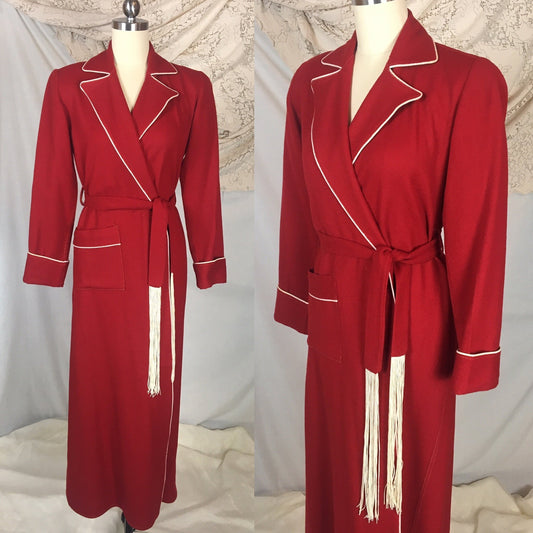 Vintage 1940's Robe | Red Wool with Cream Piping & Tassel Sash Tie | Barbara Lee Jr. | Size XS, SM, MED - Daggers & Dames