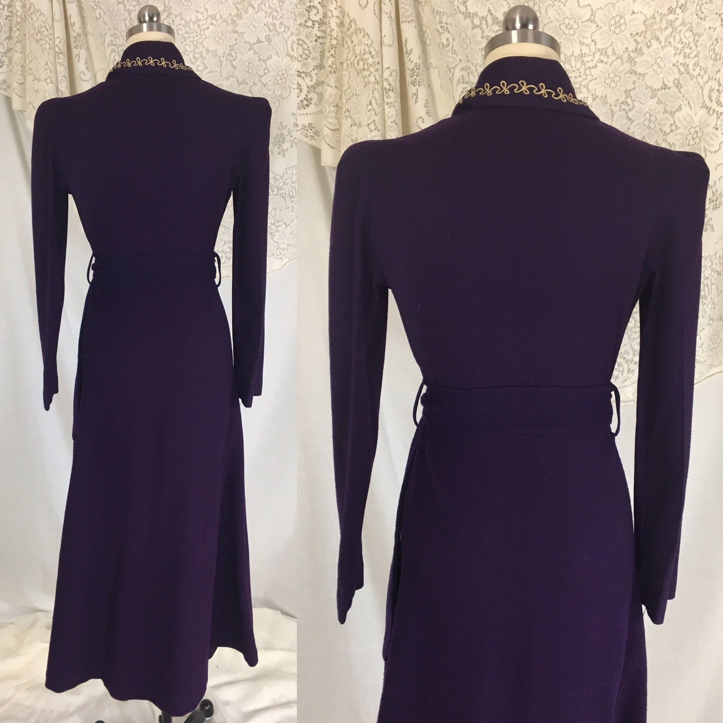 Vintage 1940's Robe | Rich Eggplant Purple Wool with Gold Embroidery | Size S, MED - Daggers & Dames