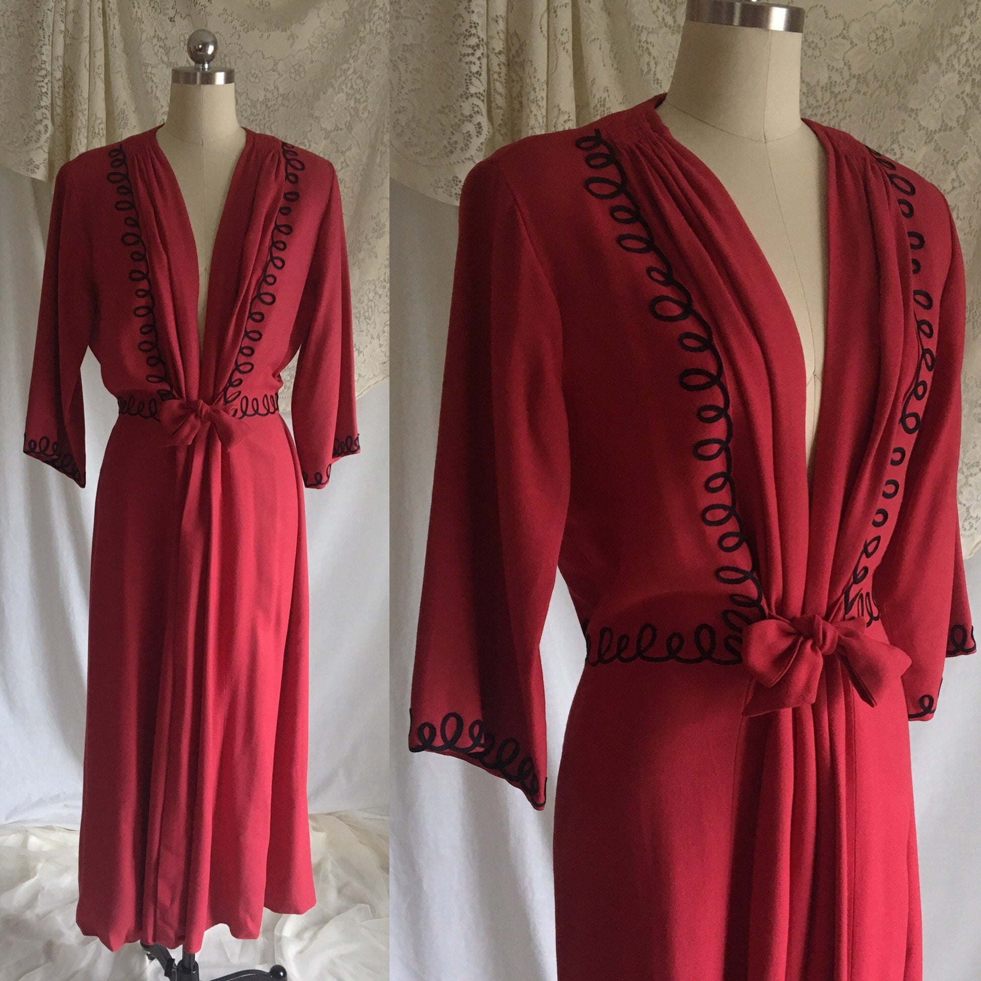 Vintage 1940's Robe | Rich Red Wool Flannel with Black Swirl Ribbon Embroidery | Neusteter's Denver | Size S, M, LG - Daggers & Dames