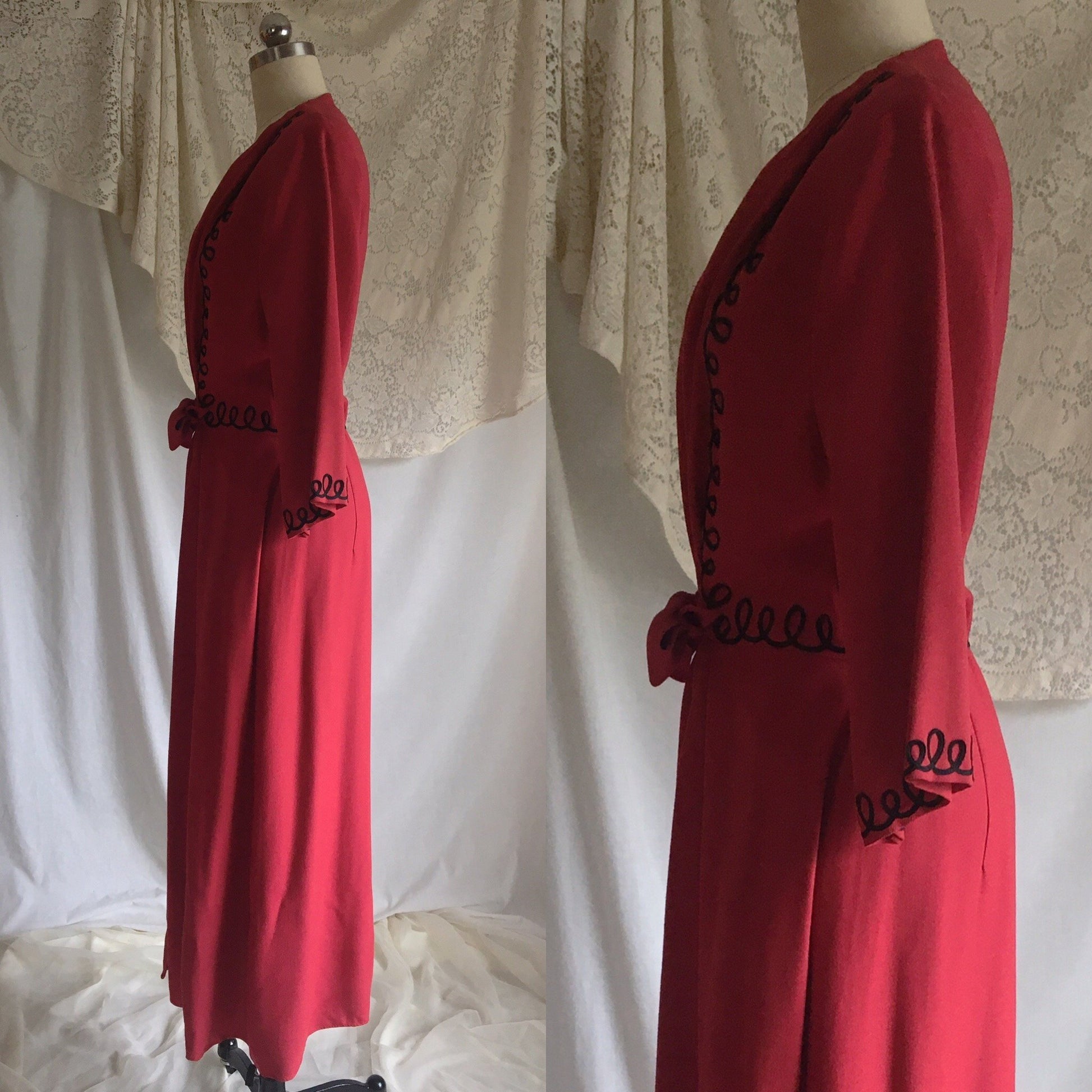 Vintage 1940's Robe | Rich Red Wool Flannel with Black Swirl Ribbon Embroidery | Neusteter's Denver | Size S, M, LG - Daggers & Dames