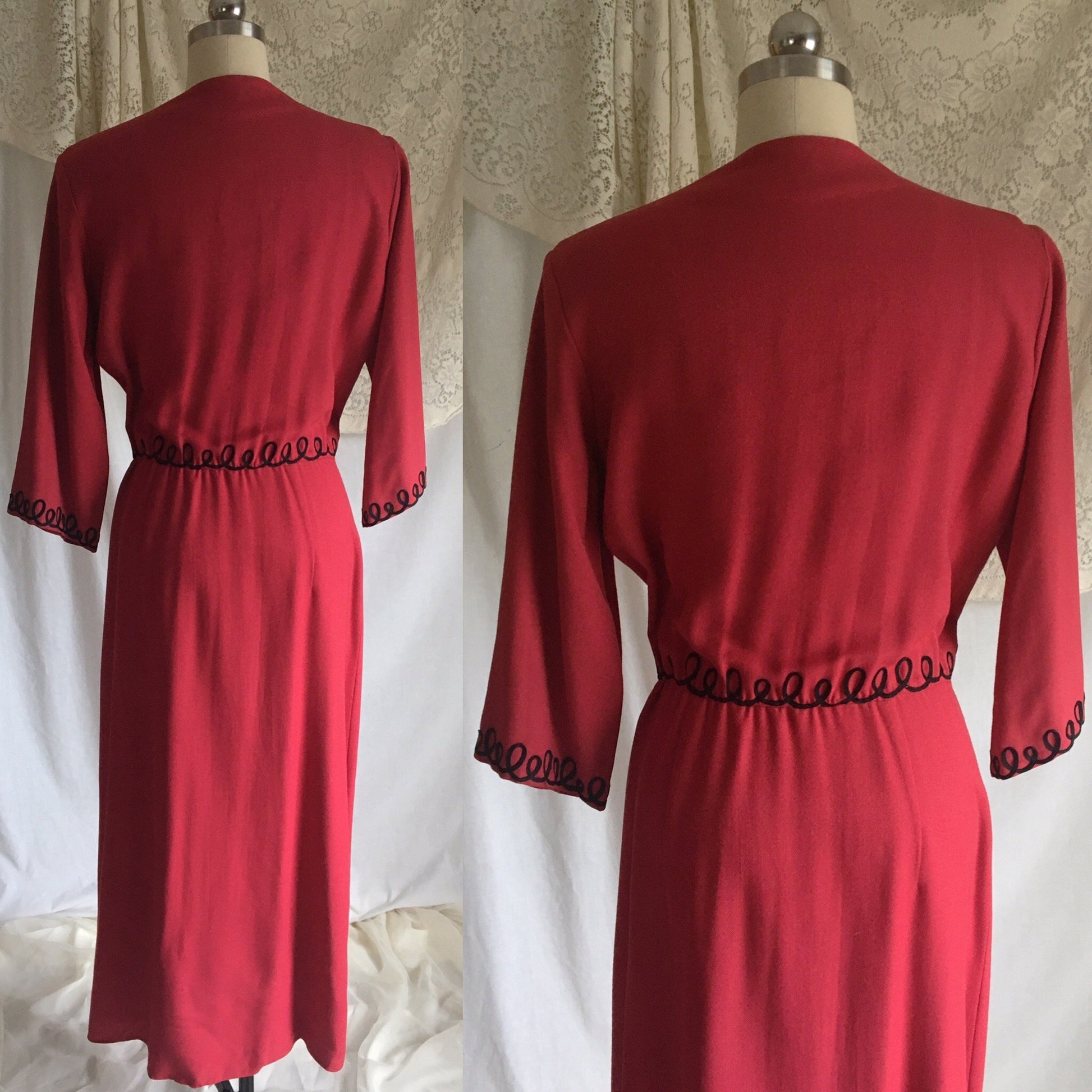 Vintage 1940's Robe | Rich Red Wool Flannel with Black Swirl Ribbon Embroidery | Neusteter's Denver | Size S, M, LG - Daggers & Dames