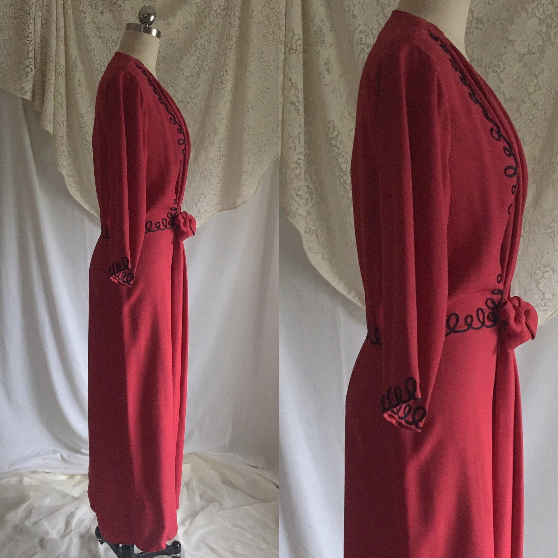 Vintage 1940's Robe | Rich Red Wool Flannel with Black Swirl Ribbon Embroidery | Neusteter's Denver | Size S, M, LG - Daggers & Dames