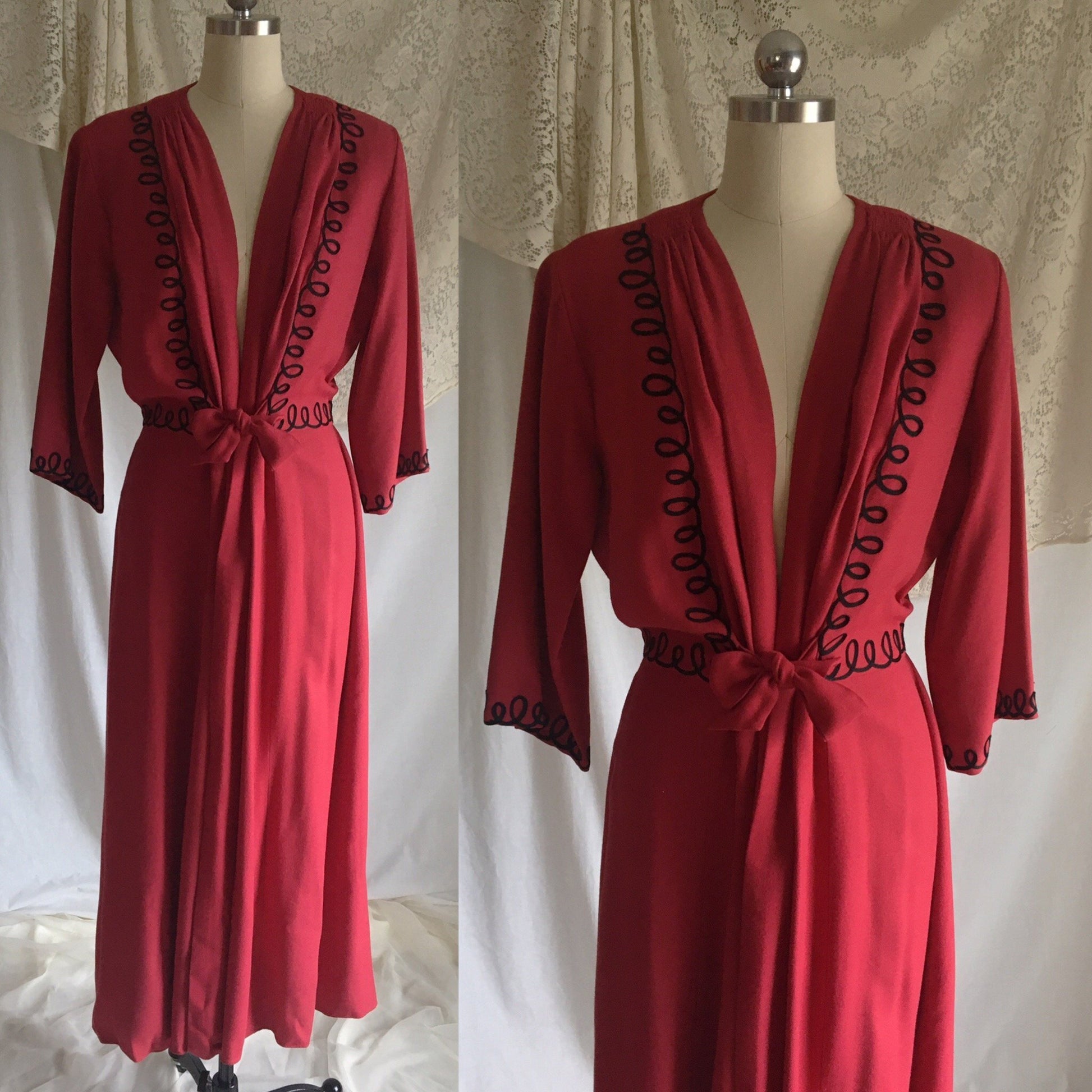 Vintage 1940's Robe | Rich Red Wool Flannel with Black Swirl Ribbon Embroidery | Neusteter's Denver | Size S, M, LG - Daggers & Dames