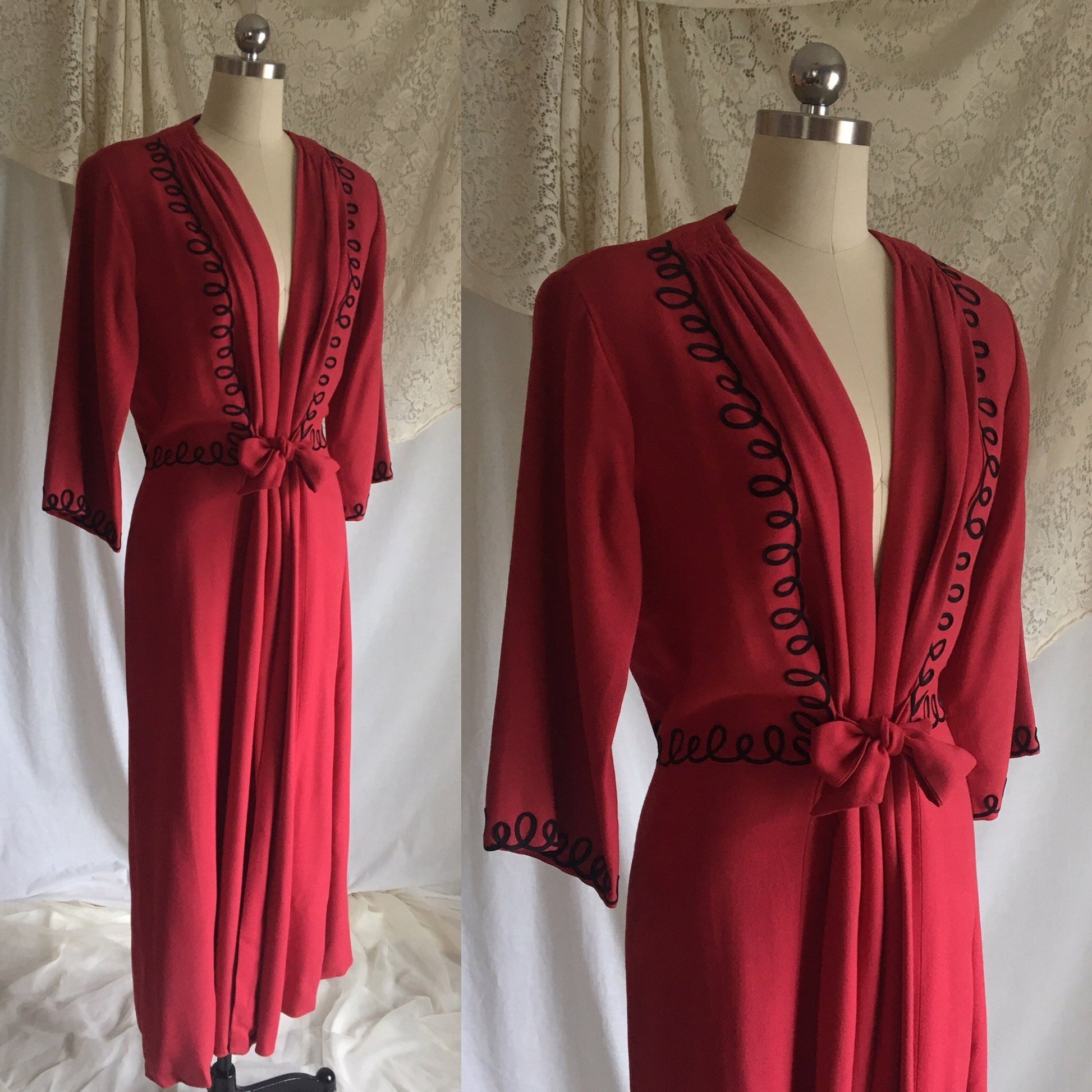 Vintage 1940's Robe | Rich Red Wool Flannel with Black Swirl Ribbon Embroidery | Neusteter's Denver | Size S, M, LG - Daggers & Dames