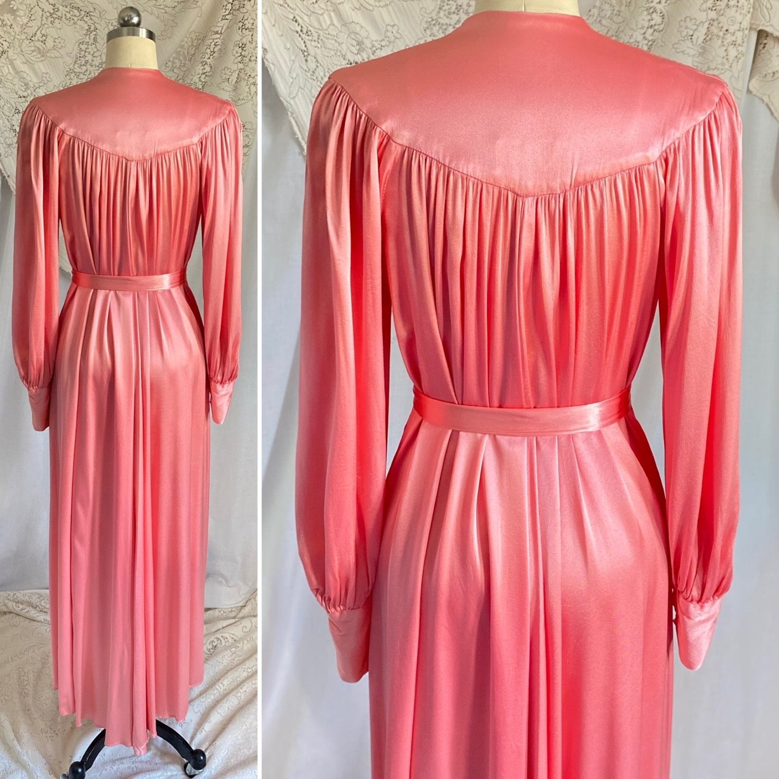 Vintage 1940's Robe | Silky Rose Pink Rayon Satin with Bishop Sleeves | Size S, M, LG | Loungee's - Daggers & Dames