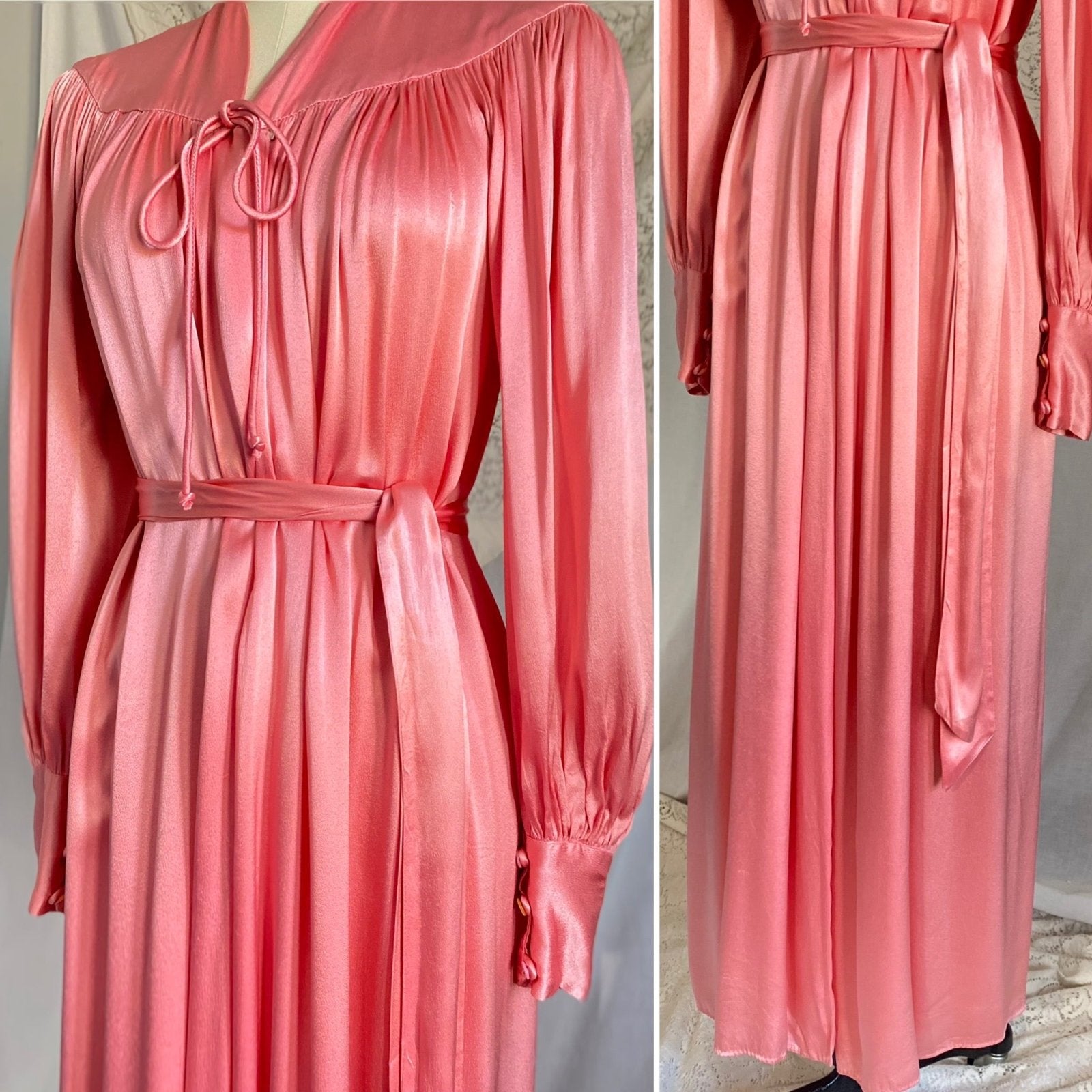 Vintage 1940's Robe | Silky Rose Pink Rayon Satin with Bishop Sleeves | Size S, M, LG | Loungee's - Daggers & Dames