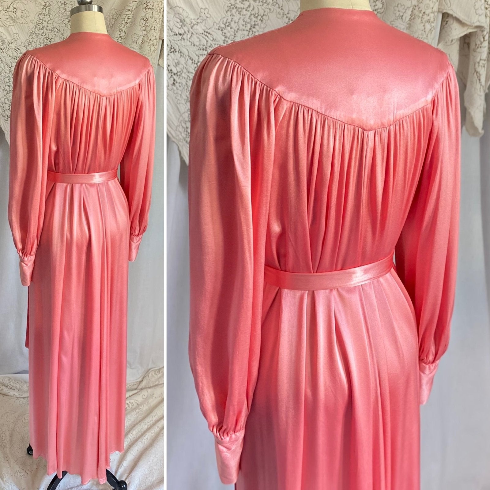 Vintage 1940's Robe | Silky Rose Pink Rayon Satin with Bishop Sleeves | Size S, M, LG | Loungee's - Daggers & Dames