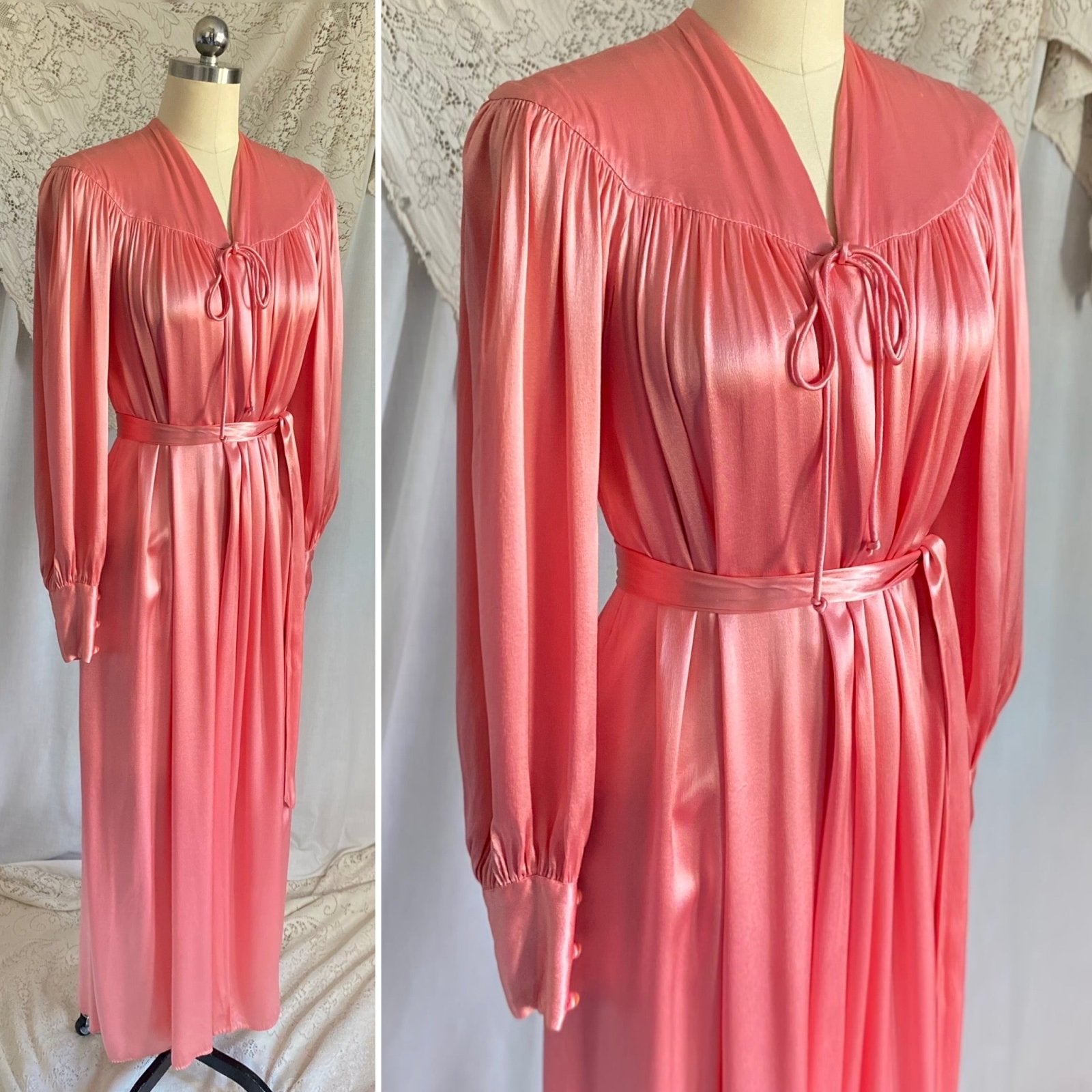 Vintage 1940's Robe | Silky Rose Pink Rayon Satin with Bishop Sleeves | Size S, M, LG | Loungee's - Daggers & Dames