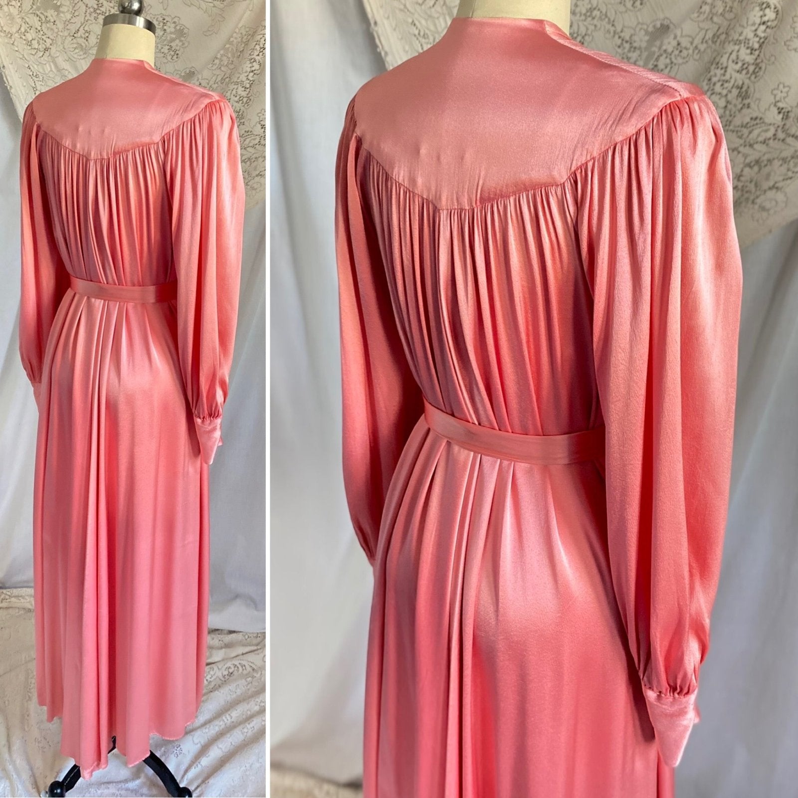 Vintage 1940's Robe | Silky Rose Pink Rayon Satin with Bishop Sleeves | Size S, M, LG | Loungee's - Daggers & Dames