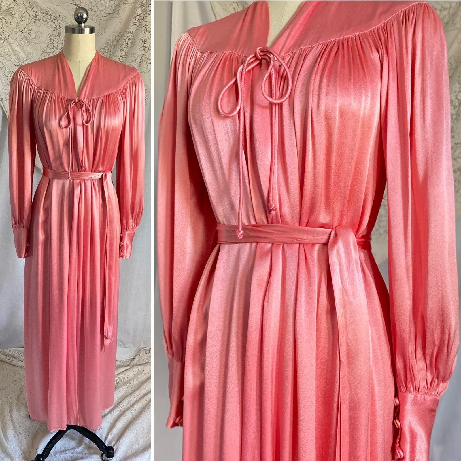 Vintage 1940's Robe | Silky Rose Pink Rayon Satin with Bishop Sleeves | Size S, M, LG | Loungee's - Daggers & Dames