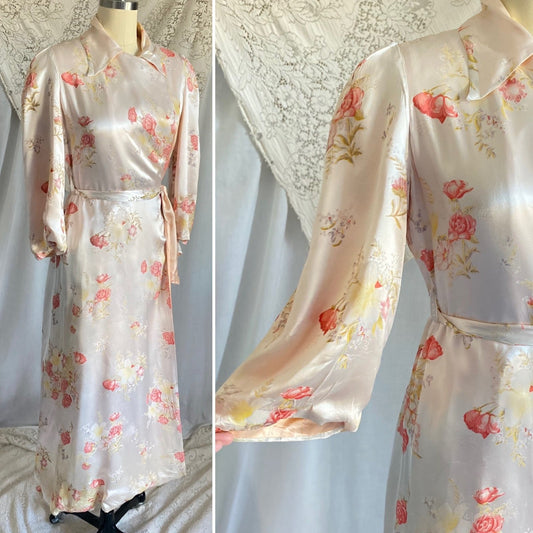 Vintage 1940's Robe | Silky White Rayon Satin with Pink Rose Floral Print & Bell Sleeves | Size S, M, LG - Daggers & Dames
