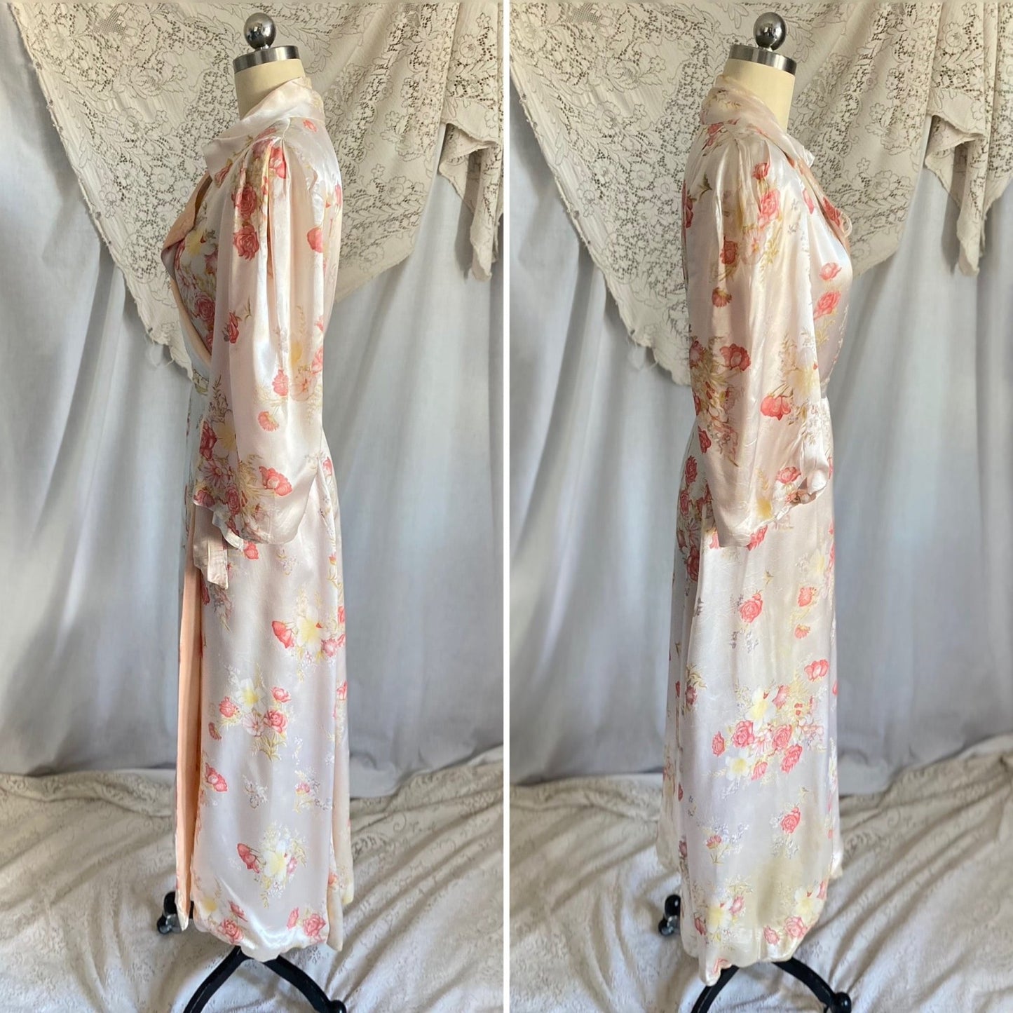 Vintage 1940's Robe | Silky White Rayon Satin with Pink Rose Floral Print & Bell Sleeves | Size S, M, LG - Daggers & Dames
