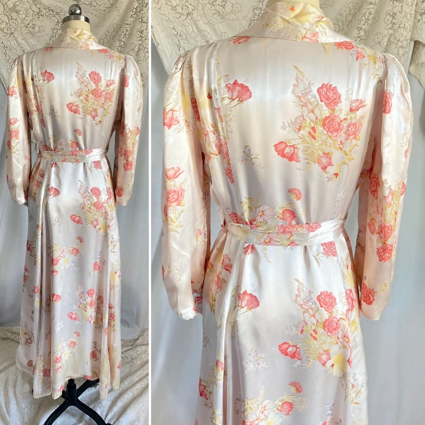 Vintage 1940's Robe | Silky White Rayon Satin with Pink Rose Floral Print & Bell Sleeves | Size S, M, LG - Daggers & Dames