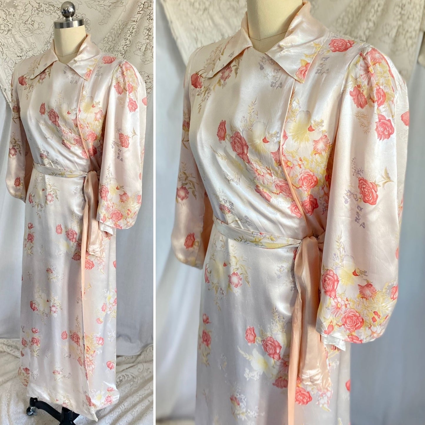 Vintage 1940's Robe | Silky White Rayon Satin with Pink Rose Floral Print & Bell Sleeves | Size S, M, LG - Daggers & Dames